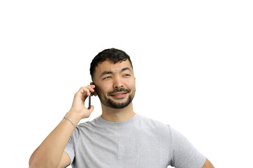 Man, on a white background, close-up, with a phone