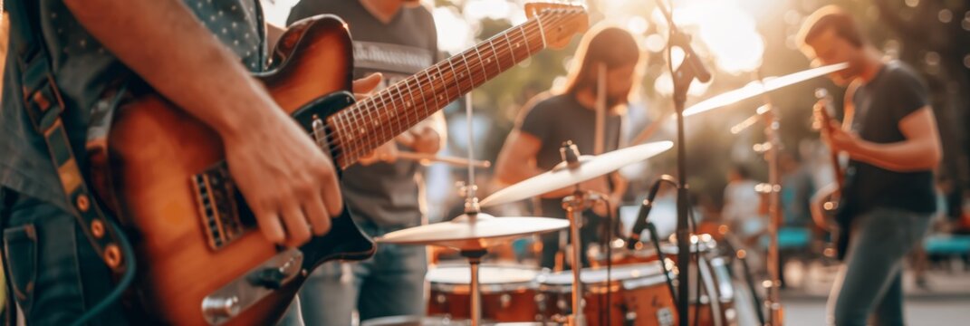 An outdoor live music performance featuring a band with guitar and drums in a vibrant setting