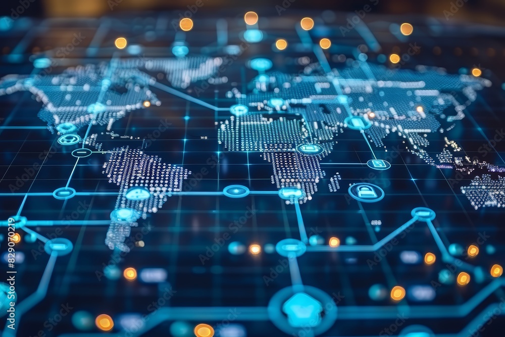 Aufkleber Digital world map with interconnected networks and data points, illustrating the global reach and connectivity of modern technology, Generative AI