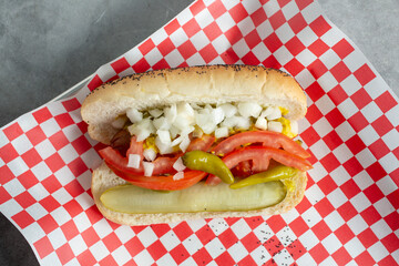A top down view of a Chicago hot dog.