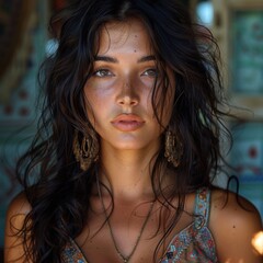 Portrait of young women indian style, naturally shiny hair