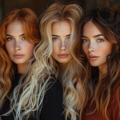 Portrait of 3 young women with different hair types and colors, focusing on their hair and hairstyles, as for a shampoo advertisement, against a neutral bronze background, naturally shiny hair
