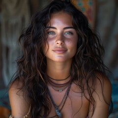 Portrait of young women indian style, naturally shiny hair