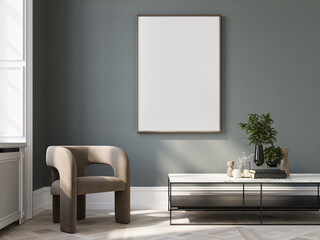 Cozy home interior with furniture on wall background, empty frame mockup with interior decoration, 3d render