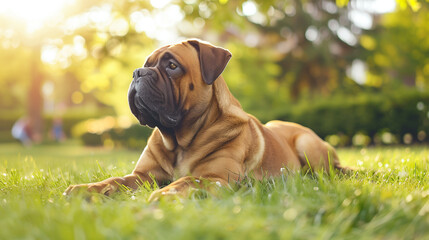 Bullmastiff Dog Relaxing on Grass in a Sunny Park