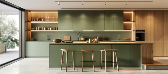 Modern green kitchen interior featuring sage green cabinets