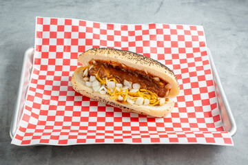 A view of a chili dog.