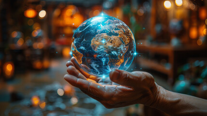 Fototapeta premium a hand with hologram globe.generative ai