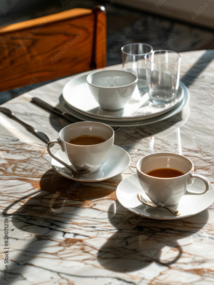 Poster A table with two coffee cups, showcasing a warm and inviting setting for coffee lovers. Generative AI