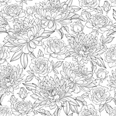 Vintage pattern with outline flowers, rose, chrysanthemum