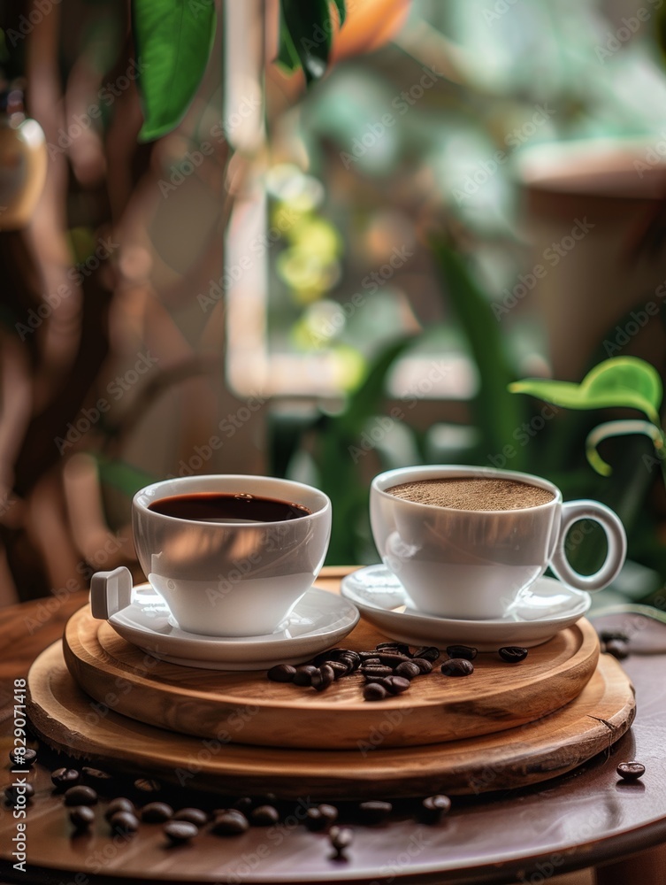 Aufkleber two cups of coffee resting on a wooden tray. generative ai