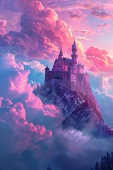 Majestic pink castle on mountain landscape