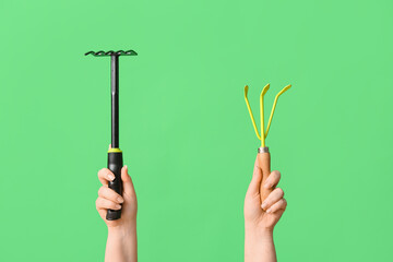 Female hands with gardening rakes on green background, closeup