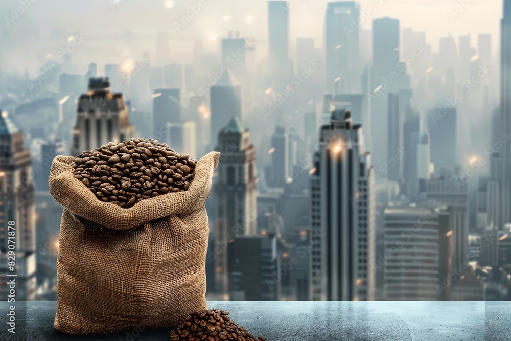 Poster a sack filled with coffee beans sits on top of a wooden table. generative ai