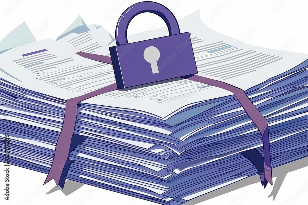 Poster animated security lock safeguarding a stack of paperwork, representing the fusion of physical and di