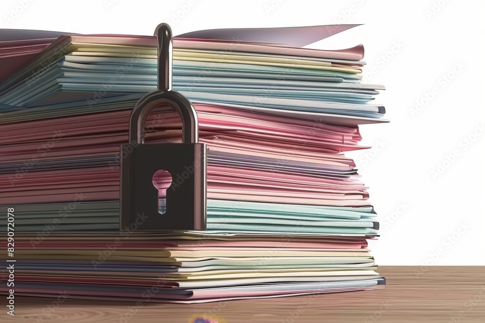 Poster piles of documents locked down with a red digital padlock, emphasizing the importance of secure info