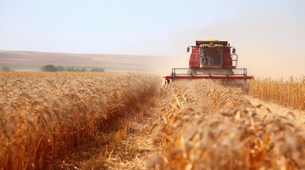 Fototapeta premium Combine harvester in a golden wheat field, emphasizing agricultural productivity and harvest season. Dust rises as the machine works, showcasing the effort of farming.
