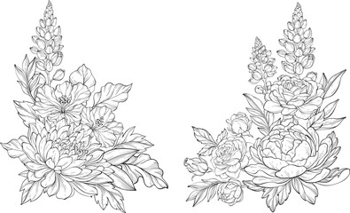 Set of outline floral bouquets with lupins, hibiscus