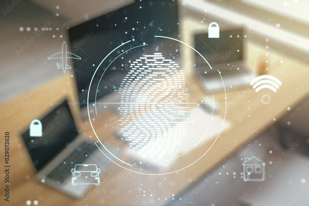 Aufkleber Multi exposure of abstract graphic fingerprint sketch and modern desktop with pc on background, fingerprint scan data concept
