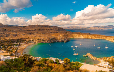 Sunny Lindos bay on the island of Rhodes in Greece.