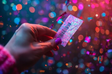 Hand holding raffle lottery winning ticket with colorful confetti and bokeh lights