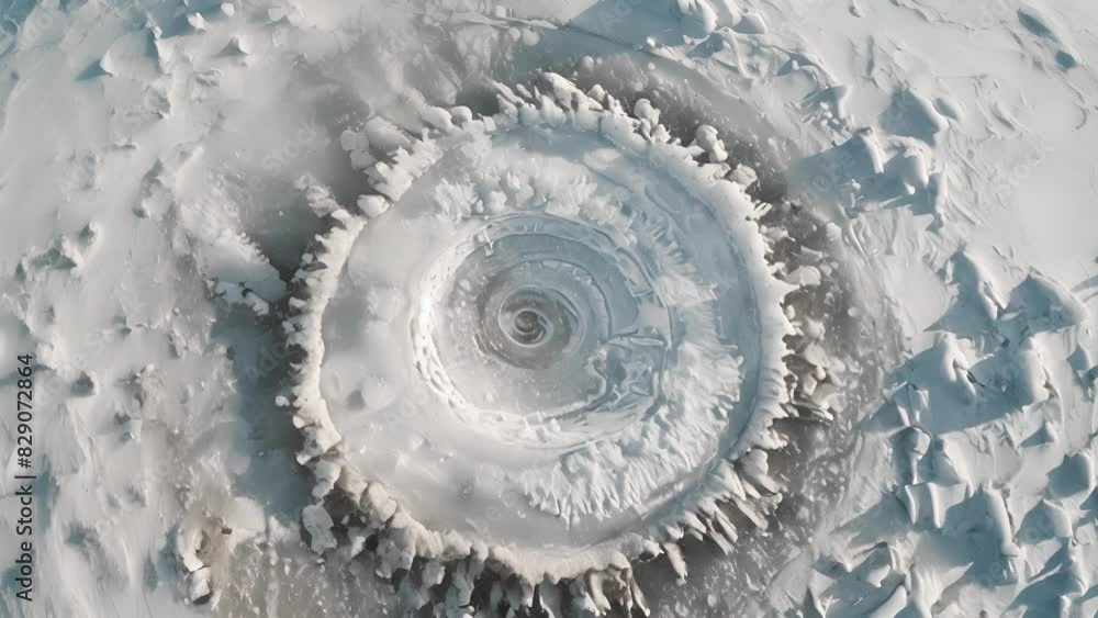 Poster a unique aerial shot of an ice circle revealing its perfectly circular shape and intricate patterns.