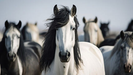 Symbol of Purity: White Horse Standing Out Among Black Horses
