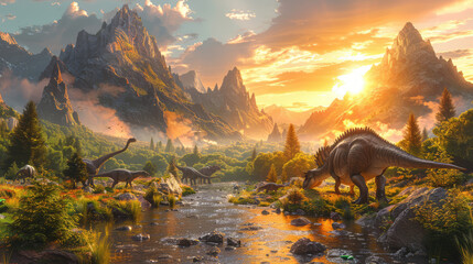 Naklejka premium hyper-realistic shot of A sweeping panoramic view of a lush, prehistoric landscape teeming with a diverse array of dinosaur species – from towering sauropods to nimble raptors