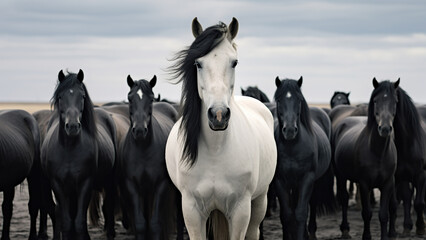 Serene White Horse as a Beacon of Hope and Light in a Dark Herd






