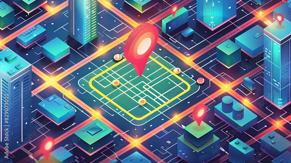 Aufkleber a detailed isometric gps tracking map of a city with a bright red marker pinpointing a specific loca