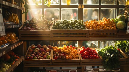 Indoor market stall with crates of fresh vegetables and fruits arranged neatly. Sunlight streams through the window, highlighting the vibrant colors of the produce.