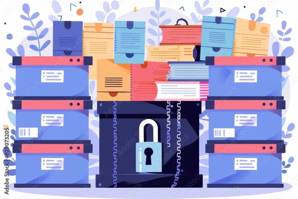 Poster cartoon-style file storage units with padlocks, visualizing colorful and accessible document securit