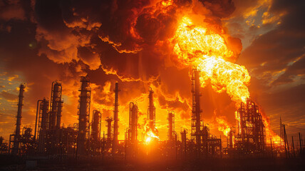 Fototapeta premium oil plant explosions and fire,generative ai