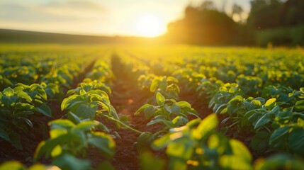 A lush, green field of crops bathed in golden sunlight, symbolizing sustainable agriculture and the growth of fresh produce. - Powered by Adobe