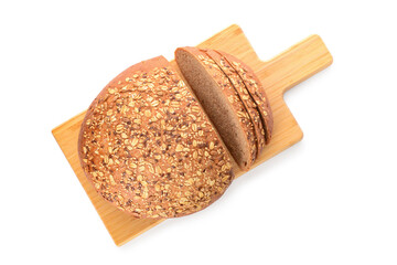 Wooden board with sliced loaf of bread and seeds on white background