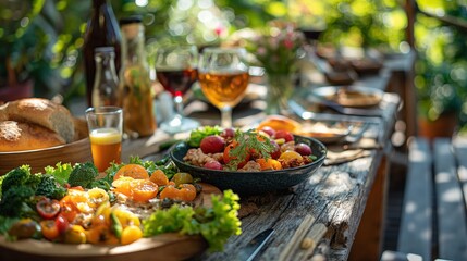An outdoor table set with a variety of fresh salads, bread, and drinks, surrounded by greenery. 