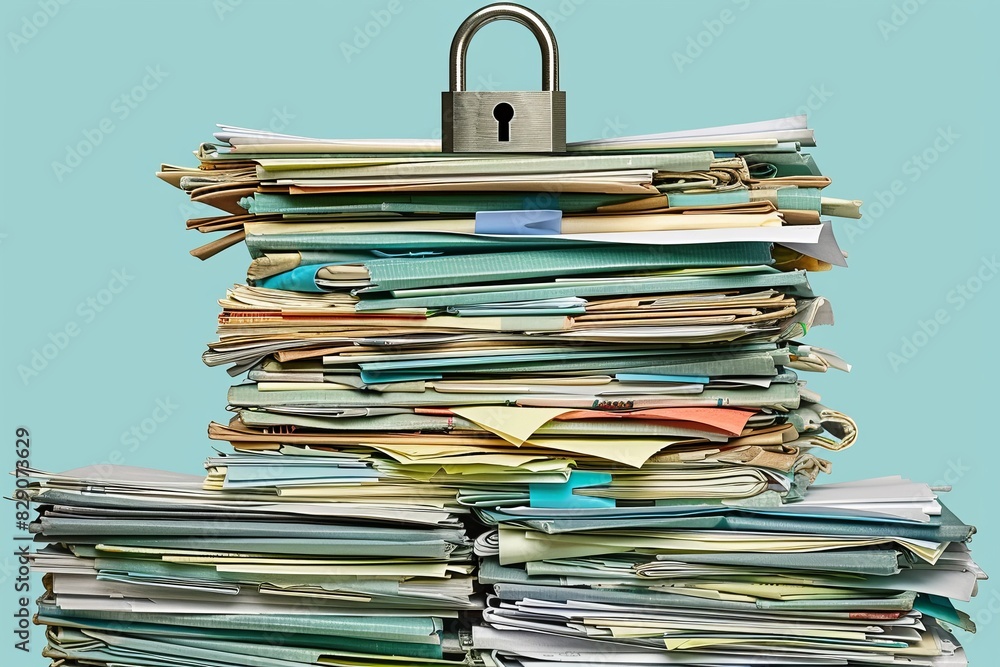 Poster neat stacks of files topped with a padlock, symbolizing orderly data protection and meticulous infor