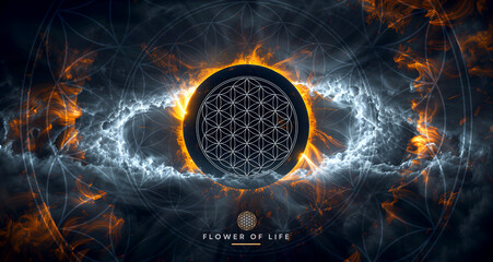 Flower Of Life symbol, total solar eclipse. Wonderful source of inspiration for kinesiology practitioners, massage therapists, reiki and chakra energy healers, yoga studios or your meditation space.