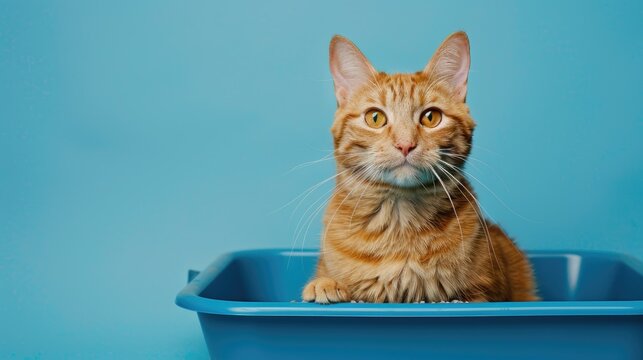Adorable orange cat with litter box against blue backdrop