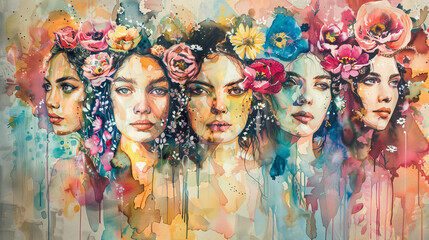 Artistic expression, faces of women with floral watercolor strokes, diversity and beauty, a tribute to women's strength and gentleness