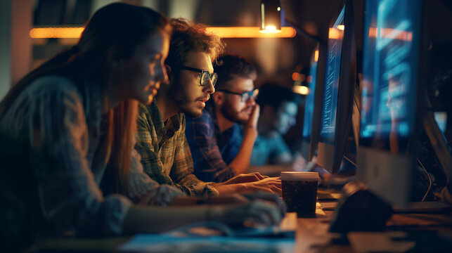 Friends working late into the night, illuminated by the glow of their computer screens. Dynamic and dramatic composition, with cope space