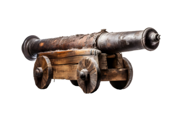 RUSTED OLD CANNON, weathered historic cannon isolated on transparent background