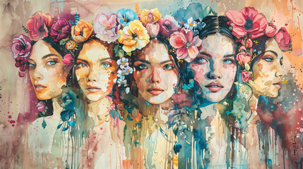 Artistic expression, faces of women with floral watercolor strokes, diversity and beauty, a tribute to women's strength and gentleness