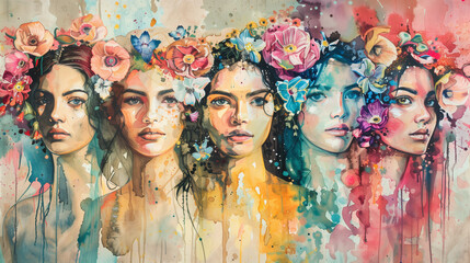 Artistic expression, faces of women with floral watercolor strokes, diversity and beauty, a tribute to women's strength and gentleness