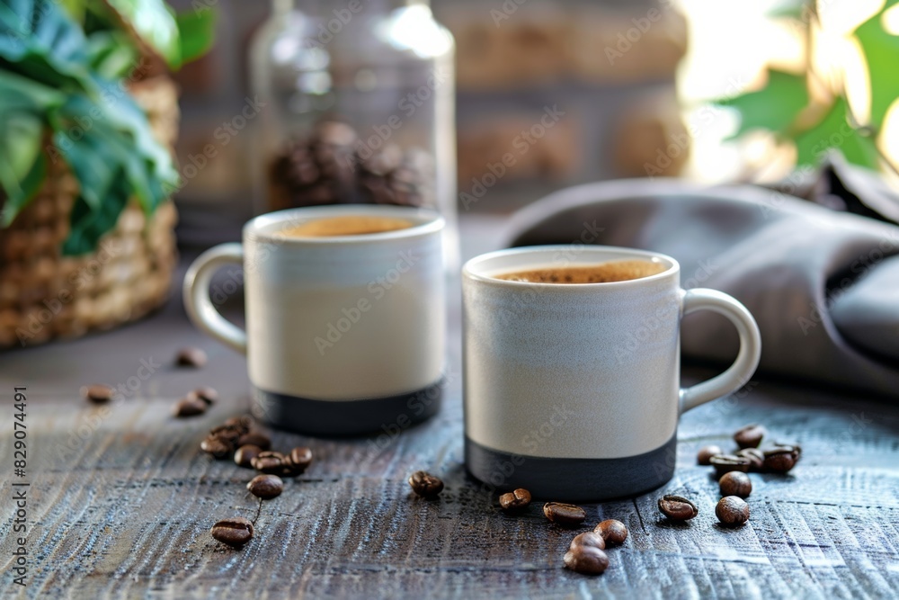 Poster Two cups filled with coffee sitting on a table surrounded by coffee beans. Generative AI