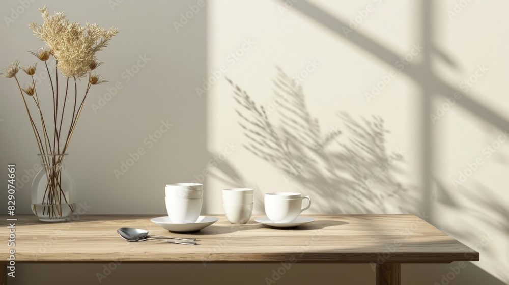 Poster a table featuring three cups and a spoon placed on it, ideal for coffee shop or cafe advertising. ge
