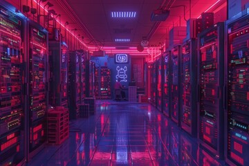 Server room glowing with red light, emphasizing the high security and data control in network operations.
