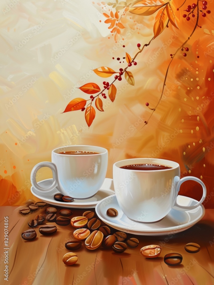 Aufkleber a painting depicting two cups of coffee placed on a table. generative ai