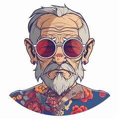 A man with a beard and glasses is wearing a shirt with a flower design