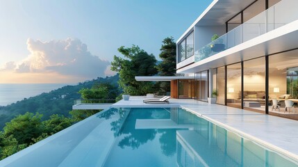 Luxurious modern house with floor, windows beside a sleek pool
